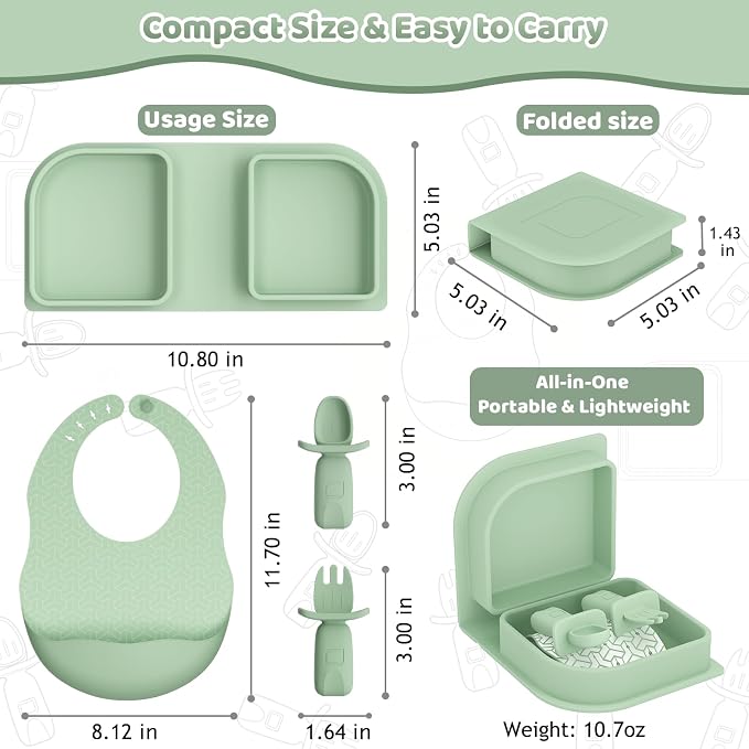 Green Foldable Silicone Baby Feeding Set, Portable Travel Baby Feeding Essentials Including Toddler Plates, Silicone Baby Spoon&Fork, Adjustable Foldable Bib, Portable Infant Toddler Utensils - Image 8