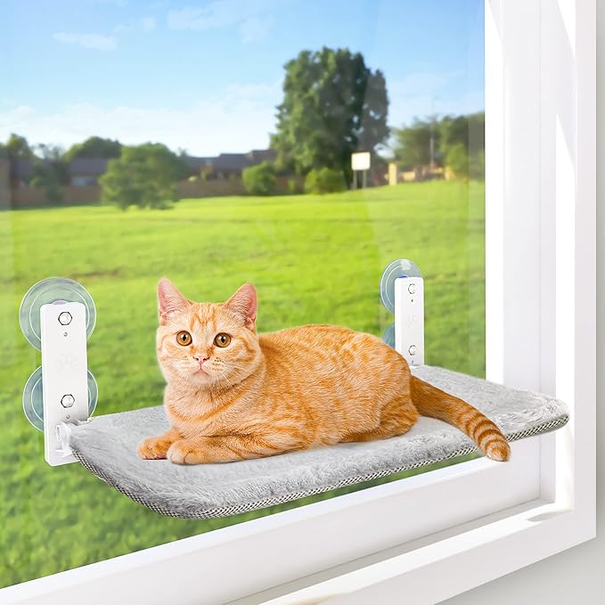 AMOSIJOY Cordless Cat Window Perch, Cat Hammock for Wall with 4 Suction Cups, Anchor&Screw for Two Ways of Installation, Solid Metal Frame and Reversible Cover, Foldable Cat Beds for Indoor Cats by AMOSIJOY