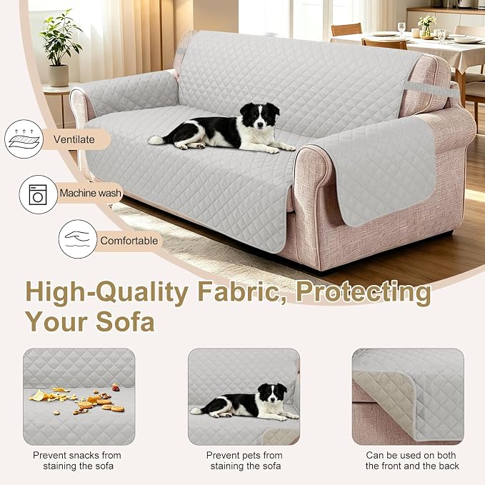 Reversible Loveseat Couch Sofa Covers, 2-Seater, Light Grey | Loveseat Covers for Dogs Water Repellent, Friendly Furniture Protector with Elastic Straps for Living Room - Image 5