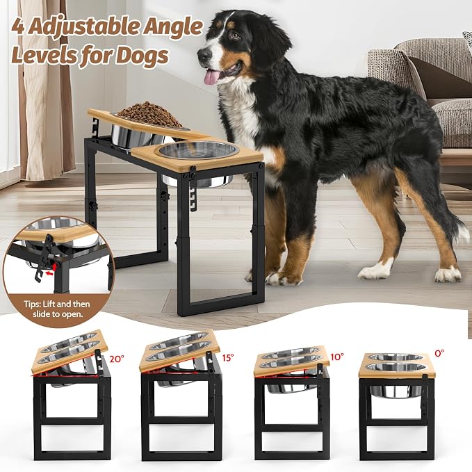 Dog Bowls Elevated, 4 Height (9.6" to15) & Angle (0-20°) Adjustable Raised Dog Bowl Stand, Elevated Dogs Bowl for Medium to Large Sized, Bamboo Feeding Station with 2X 10cups Stainless Steel Dishes - Image 3