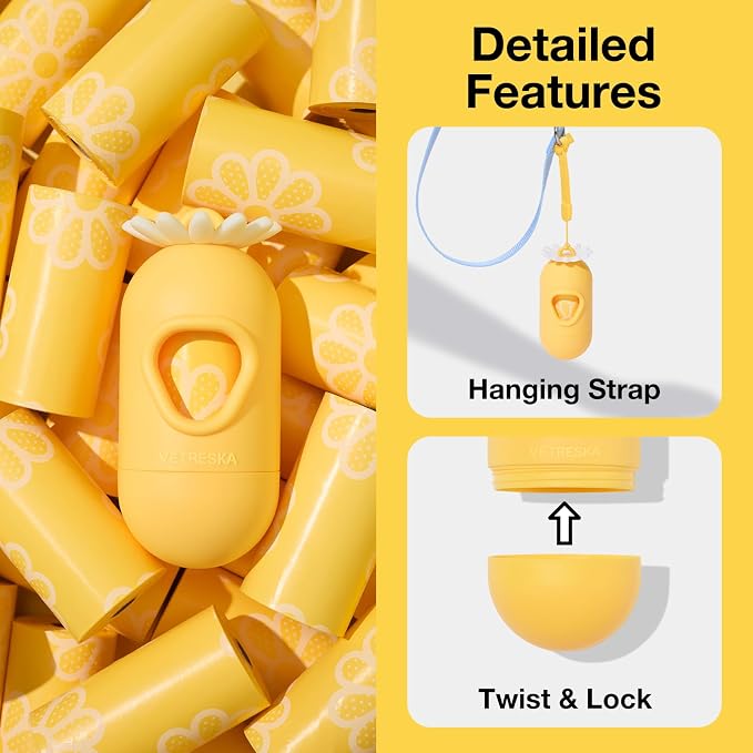 VETRESKA Dog Poop Bag Dispenser with Daisy Scented Waste Bags, 105 Counts | Leak Proof and Extra Thick Pet Waste Bags for Dog Walking and Cat Litter - Image 4