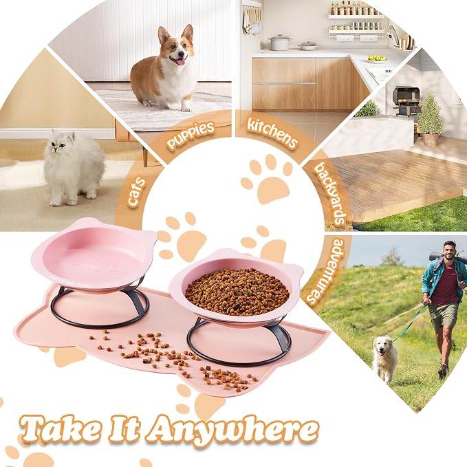 Elevated Cat Bowls with Food Mat & Metal Stand - 7.1" Wide Stainless Steel Whisker Friendly Dishes, 15° Tilt for Cats/Kittens/Small Dogs, Indoor/Outdoor & Travel Use (2-Pack) HBGmao-hao (Pink) - Image 6