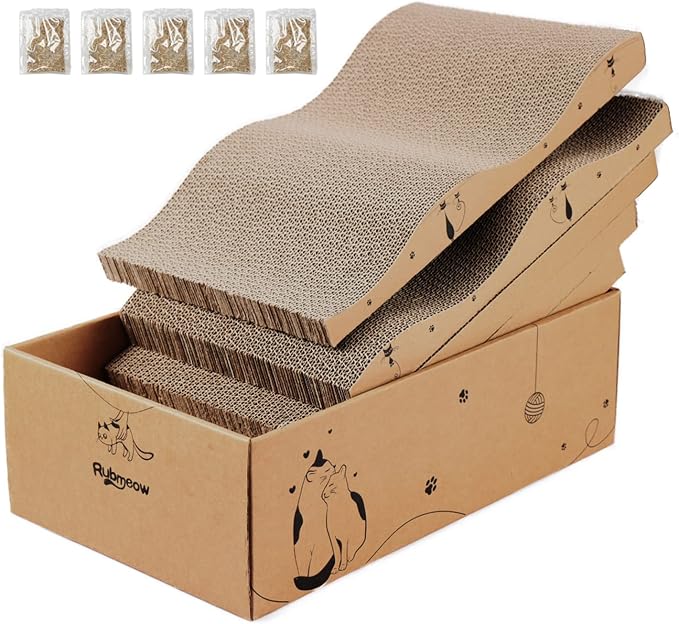 Cat Scratcher Cardboard Scratch Pad for Indoor Cats and Kitty 5pcs | Corrugated Cat Scratching Board Bed Large 17*10in Reversible Durable with Box and Catnip by RUBMEOW