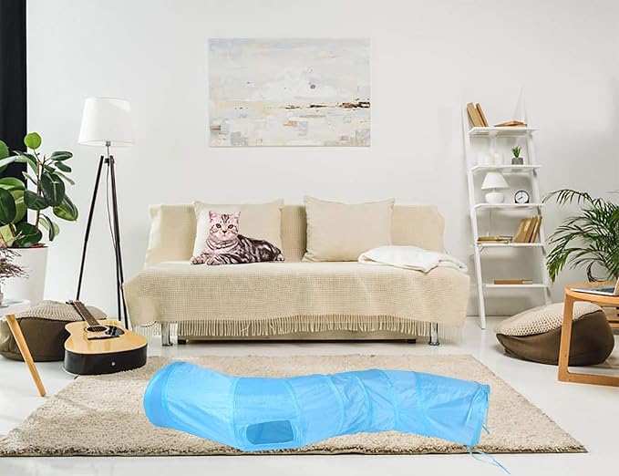 iCAGY Cat Tunnel Toys for Indoor Cats Kittens Rabbits, Pet Toy Play Tunnels | Interactive Crinkle Pop Up Tunnel Toys, Relieve Cat Boredom, Blue 47" Shape S - Image 2