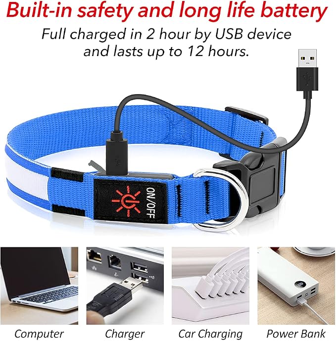 BSEEN Light Up Dog Collars - Reflective LED Dog Collar, Rechargeable Dog Glow Collar, Waterproof Glowing Dog Collar Lights for Night Walking (Royal Blue, Large) - Image 4