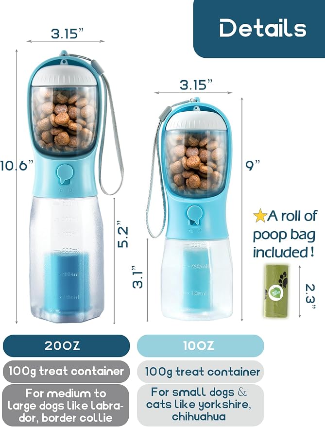 Portable Water Bottle for Small Dogs, 3 in 1 Pet Travel Bowl Dispenser with Food Treat Container & Poop Bag Holder, Summer Hiking Walking Accessories for Puppy On The Go - Pink, 10oz - Image 3