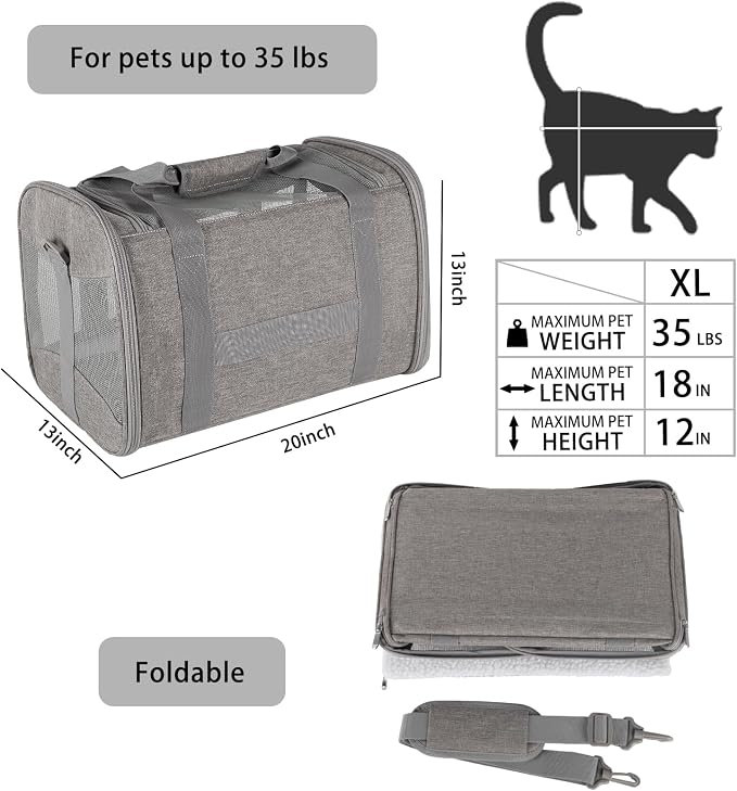 Cat Carrying Case - Pet Carrier Airline Approved, Protable and Breathable Pet Travel Carrier Removable Fleece Pad, Collapsible Cat Carrier Dog Carrier for Medium Cats Small Cats Dogs (X-L Grey&Black) - Image 2