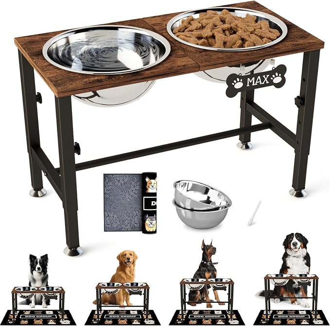 SHAINFUN Elevated Dog Bowls with Mat for Large & Extra Large Dogs, Raised Dog Bowl Stand with 2 Stainless Steel Bowls, Tall Dogs Food Water Bowl Holder by SHAINFUN