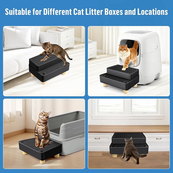 Extra Large 2 Steps Cat Litter Box Step Ramp, Cat Litter Catcher Mat with Wooden Feet, Filter Function, Cat's Pedal Stool for Self-Cleaning Litter, Suitable Kitten & Elderly Cats (Black) - Image 6