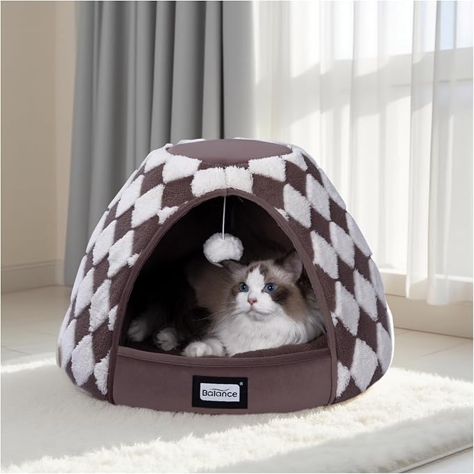 BALANCE Cat Beds for Indoor Cats, 2-in-1 Cat Bed Cave with Anti-Slip Bottom and Ultra-Soft Plush, Cozy Cats House Tent for Kittens and Small Dogs, 19 Inches, Dark Brown by BalancePet