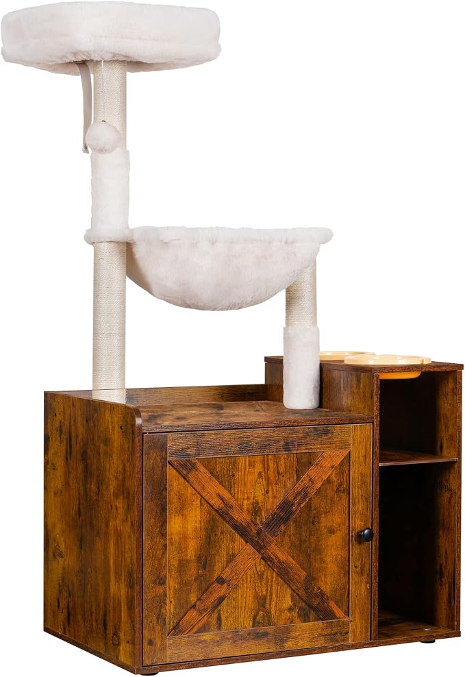 Hey-brother Cat Tree Tower, Food Station, XL Litter Box Enclosure, MPJ101SR | 48.81 Inches Wooden All-in-one Cat Furniture, Large Hammock, Bed, Scratching Posts, Big Basket for Indoor Cats, Rustic Brown by Hey-brother