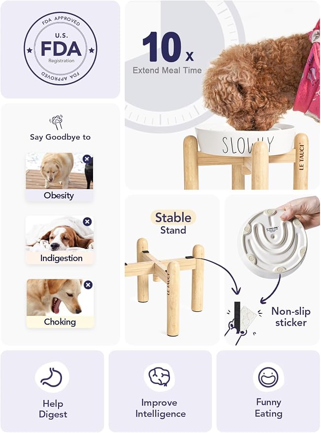 LE TAUCI PET Ceramic Elevated Slow Feeder Dog Bowl - 0.6 Cup Puzzle Feeder with Wooden Stand for Small Breeds, White Pet Dish - Image 4