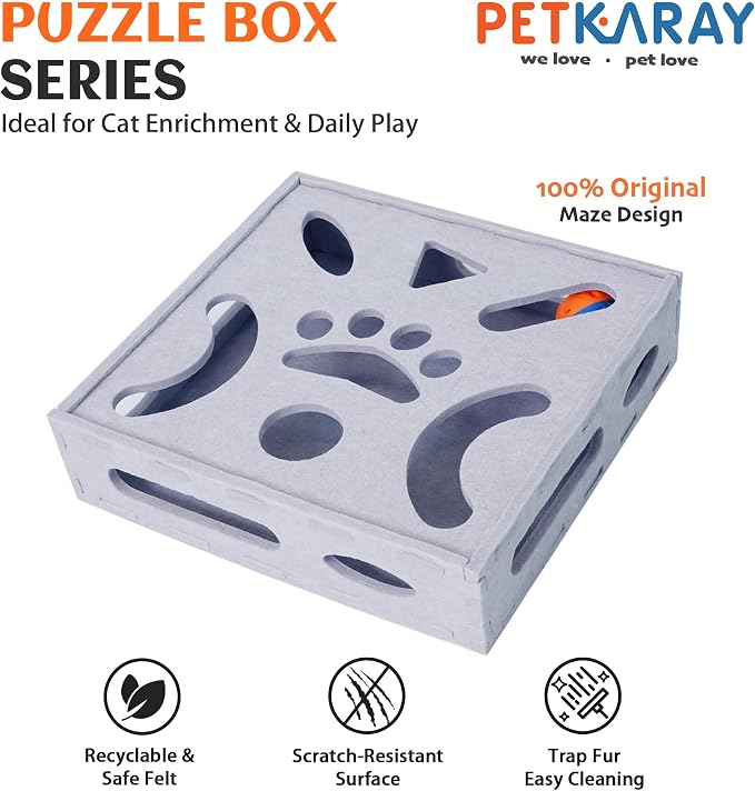 PETKARAY Felt Cat Puzzle Toy, Interactive Cat Toys for Indoor Cats, Interactive Maze for Kitten Felt Puzzle Box with Ball, Grey - Image 2