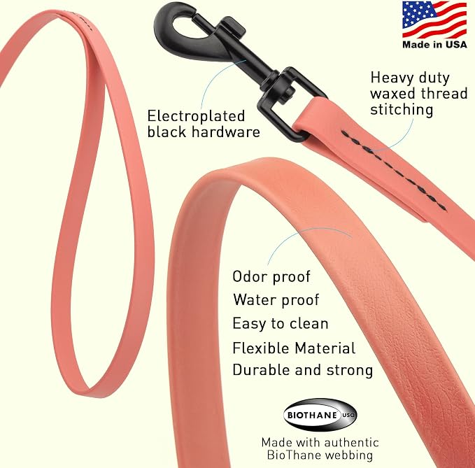 Dogline Biothane Waterproof Dog Leash Strong Coated Nylon Webbing with Black Hardware Odor-Proof Easy to Clean High Performance for Small or Large Dogs Made in USA 4 or 6 ft Lead, Coral - Image 2