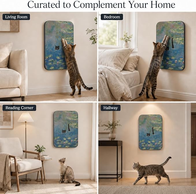 Cat Wall Scratcher, Art Cat Scratching Board for Indoor Cats | Wall Mounted Cat Scratch Pad, Water-Based Ink, Hook&Loop Strips, Floor or Wall Use, 16.7x11x1 Inch, Water Lily Pond - Image 9