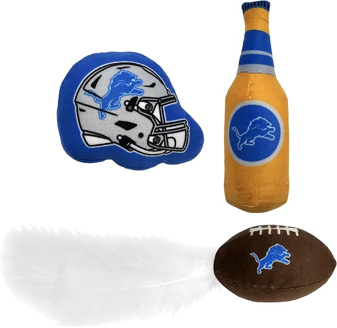 Best Plush CAT Toy - NFL Detroit Lions Complete Set of 3 piece Cat Toys Filled with Fresh Catnip. Includes: 1 Helmet Cat Toy, 1 Football Cat Toy with Feathers & 1 Beer Bottle. Beautiful Team Logos - Image 5