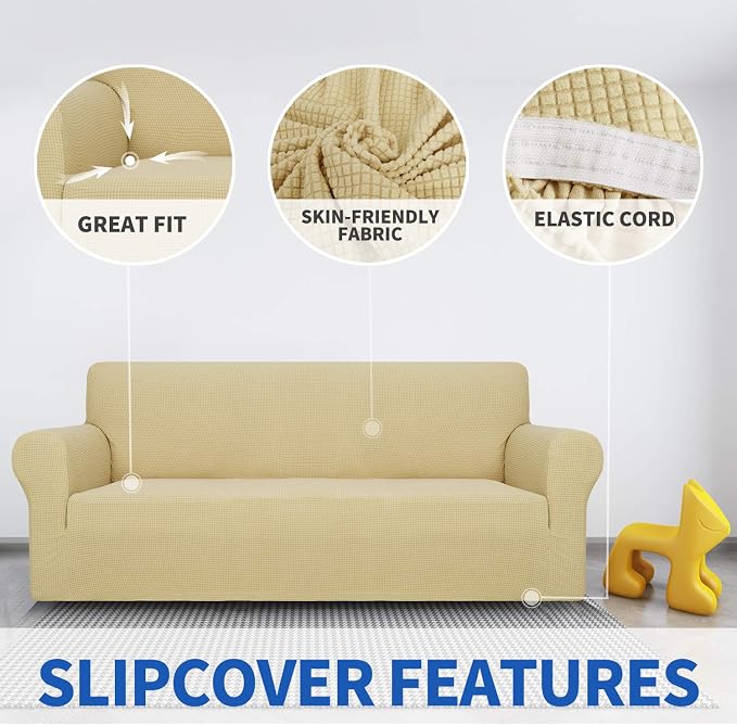 MAXIJIN Stretch Loveseat Sofa Slipcovers 1 piece Love Seat Couch Covers for 2 Cushion Couch Non Slip Sofa Cover Washable Dog Cat Proof Furniture Protector Pet Friendly (Loveseat, Beige) - Image 3