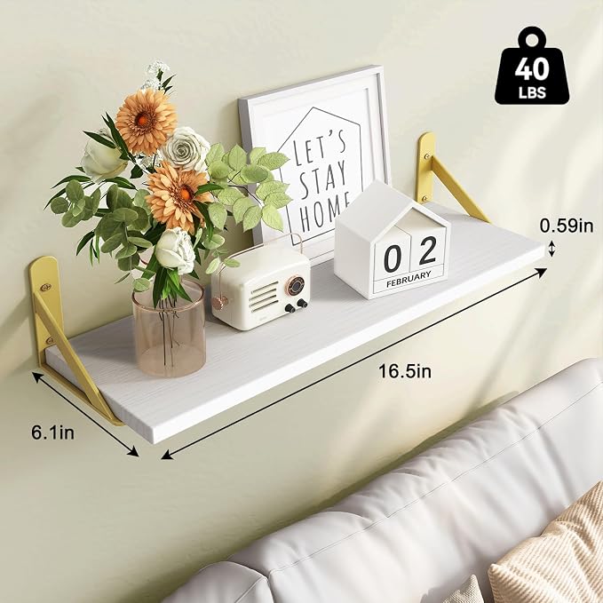 Fixwal Wall Floating Shelves for Home Decor (White, Set of 3, 16.5 Inch) | Wood Shelves, Natural Grain, 40Lb Capacity, Sturdy Triangle Brackets, Versatile for Any Room - Image 3