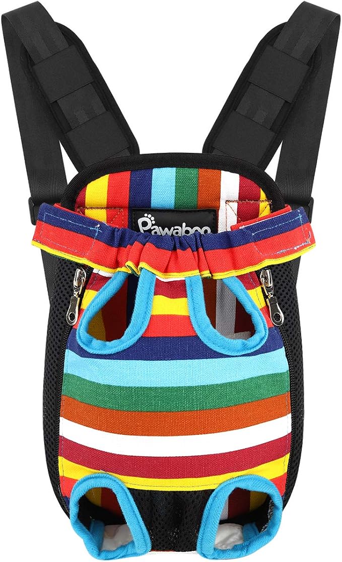 Pawaboo Pet Front Carrier Backpack for Small Medium Dogs | Legs Out Easy-fit,Adjustable Straps,Hands-Free,Soft Padded Support for Travel Hiking Cycling Camping,Colorful Strips,M by Pawaboo