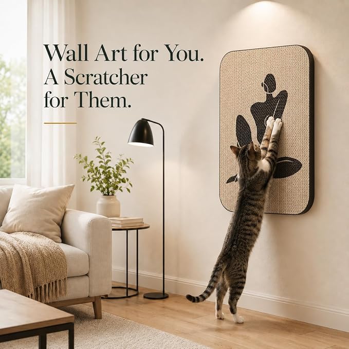 Cat Wall Scratcher, Art Cat Scratching Board for Indoor Cats | Wall Mounted Cat Scratch Pad, Water-Based Ink, Hook&Loop Strips, Floor or Wall Use, 16.7x11x1 Inch, Silent Elegance - Image 7