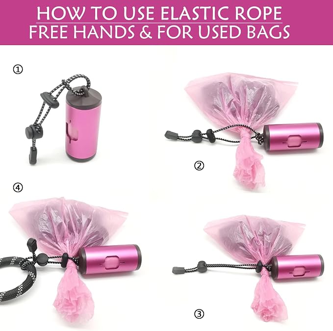 YUCHIYA Aluminum Dog Poop Bags Holder with Carabiner Metal Pet Waste Bags Dispenser with Hook and Loop Fastener and Elastic Cord to Carry Used Bags (Pink, 1 Holder 15 Bags) - Image 5