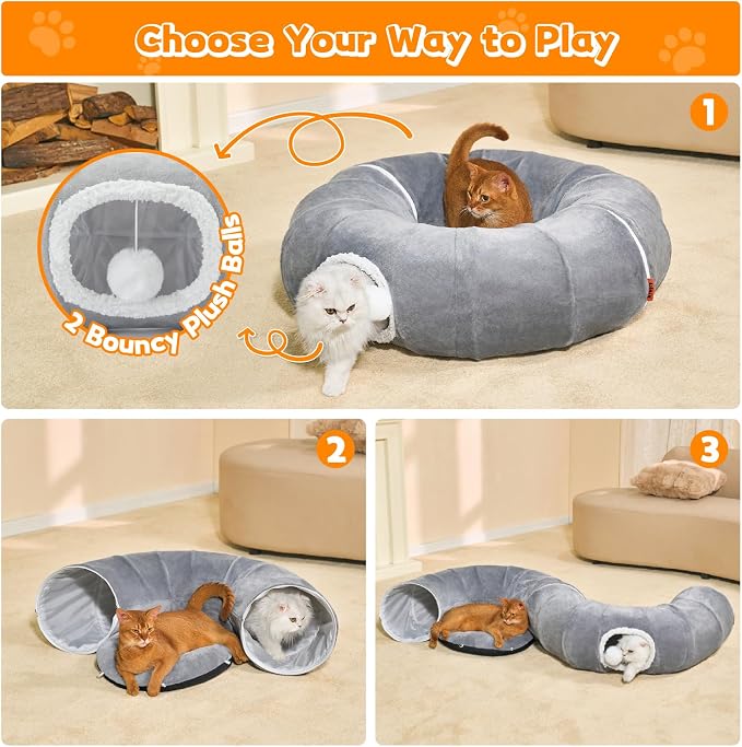 Cat Tunnel Bed for Indoor Cats, XL Donut Tunnels, 35.5 Inch, Grey | 2 in 1 Cat Tunnels for Indoor Cats Kitten Puppy Rabbit Pet Tunnel Toy with Washable Cushion Bed Grey - Image 3