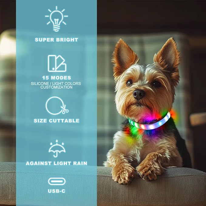 Light Up RGB Dog Pet Collar Multicolor Rainproof, LED USB C Rechargeable Glow in The Dark Collar for Night Walks, Soft Silicone Collar Cuttable for Small Medium Large Dogs 15 Color Modes - Image 4