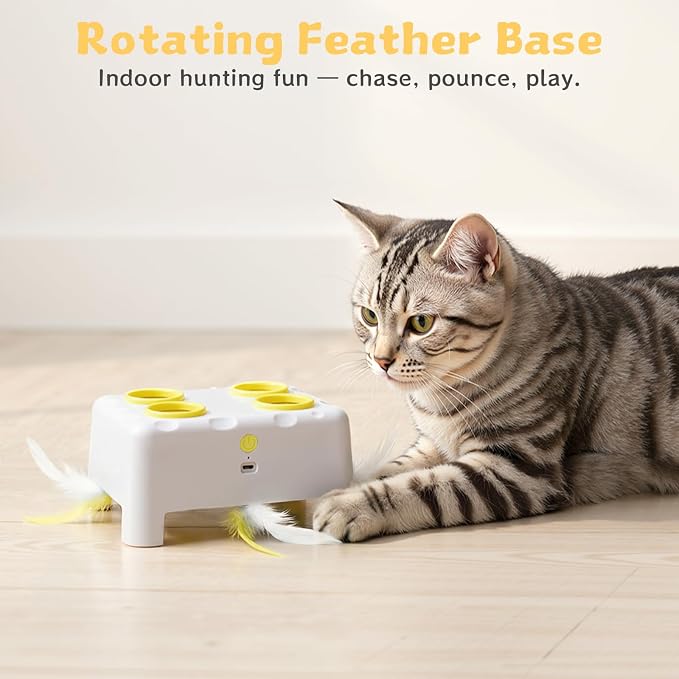 Interactive Cat Feather Toy Cheese Box 3in1 Whack a Mole | 3 Play Modes, Paw-Safe 4 Hole Whack-a-Mole, Anti-Slip Base, 4 Interchangeable Accessories, USB Rechargeable Auto Cat Toy - Image 7