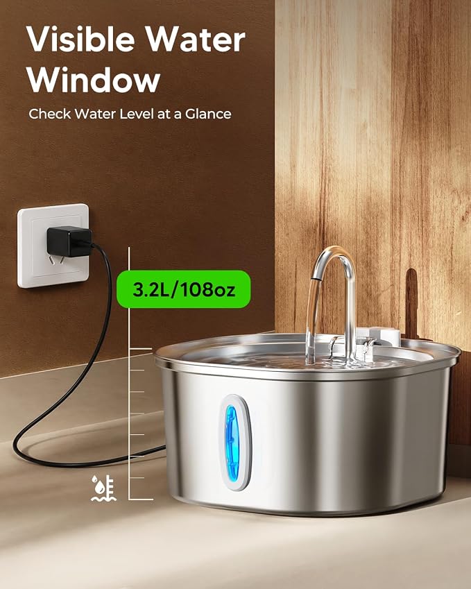 PEKTACO Stainless Steel Cat Water Fountain with 6 Filters, 3.2L/108oz | Cat drinking fountain, dishwasher safe, with triple filtration, quiet pump, and visible water window for cats and small pets - Image 3
