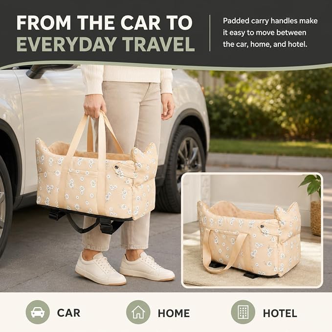 Center Console Dog Car Seat Safe Travel for Small Dogs Under 15 lbs | Detachable Washable Pet Carrier with Storage Pockets & Safety Leash,Apricot - Image 3
