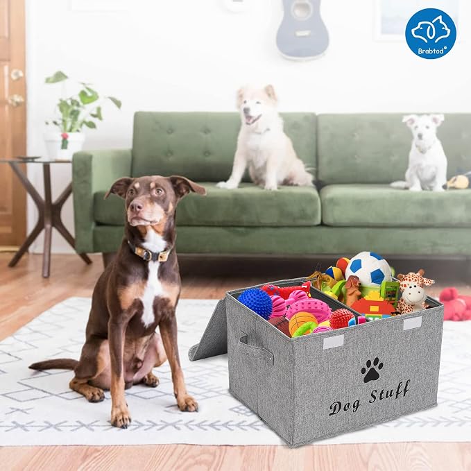 Large Dog Toys Storage Box Canvas Storage Basket Bin Organizer with Lid - Collapsible Linen Bin Ideal for Organizing Dog Cat Toys and pet stuff-PP Boad-17" x 12" x 10" - Snow Gray - Image 6