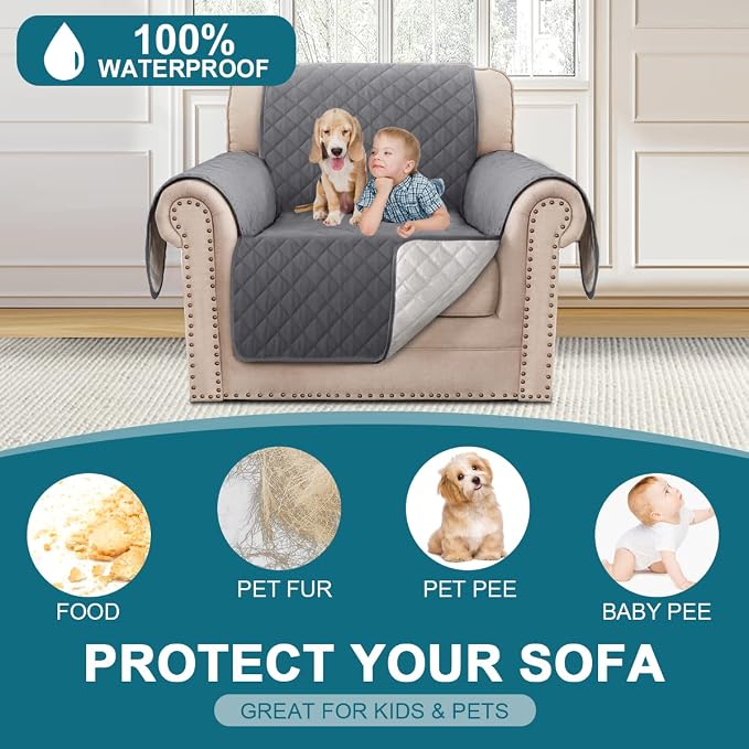 Turquoize 100% Waterproof Sofa Covers Chair Cover Armchair Couch Protector Triple Non-Slip Sofa Slipcover for 1 Cushion Armchair Furniture Protector for Pets, Kids,Dog (Chair 23", Gray) - Image 2