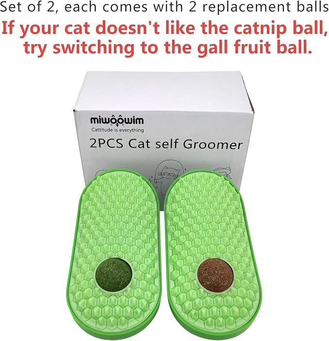 miwoowim 2PK Wall-Mounted Catnip Groomer Balls with Corner Scratcher | Comes with catnip & gall fruit spare balls. Easy peel-and-stick adhesive for walls/corners. Promotes self-grooming & fun - Image 2