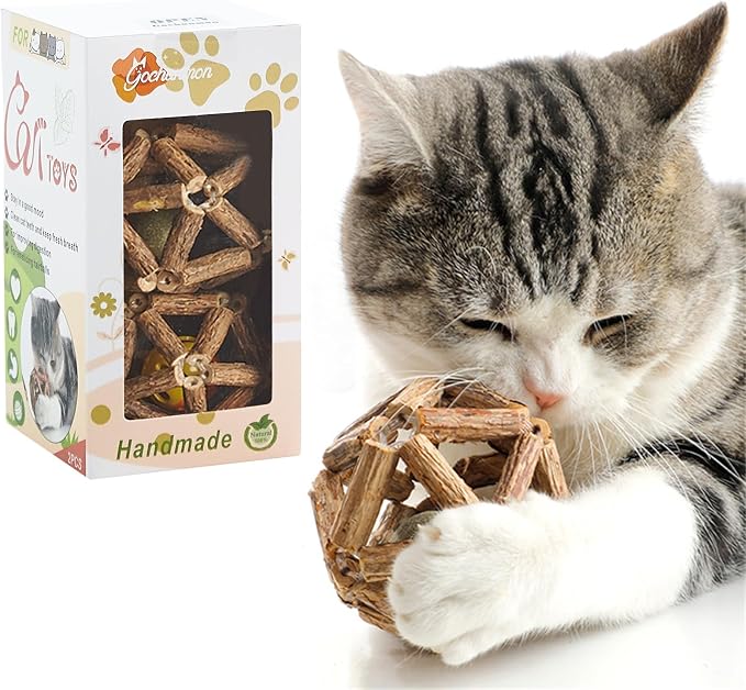 Gochanmon Catnip Toys-2Pcs Natural Silvervine Stick Catnip Ball&Bell Ball-Cat Toys for Indoor Cats- Cleaning Teeth Molar Tools Matatabi Cat Chew Toy-Kitten Toys All Breeds by Gochanmon