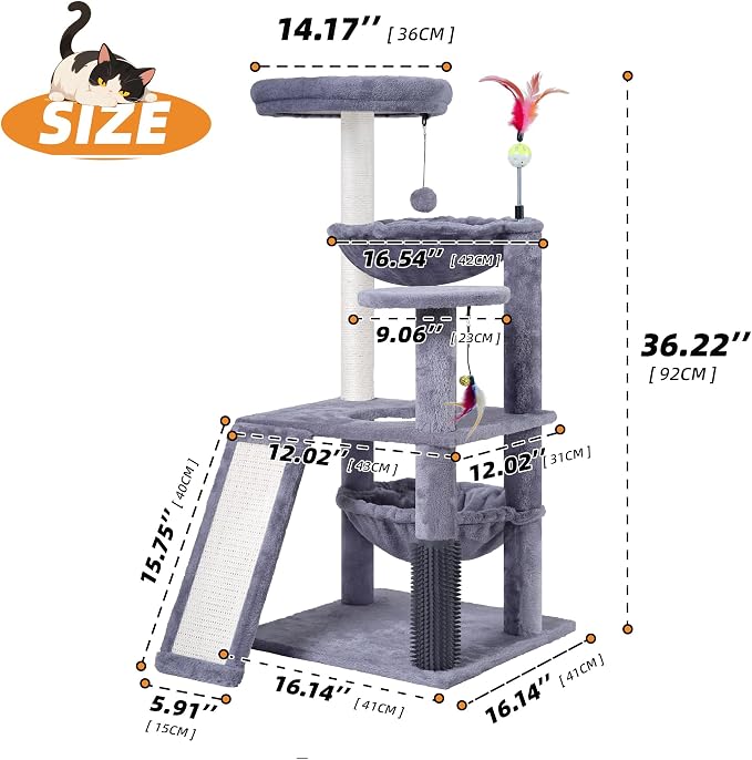 Multi-Level Cat Tree for Indoor Cats, Cat Tree Tower with Big Cat Hammock and Self-Grooming Brush, Cat Tower with Scratch Ladder, Indoor Climbing Activity Tower with Scratching Posts, Grey - Image 8