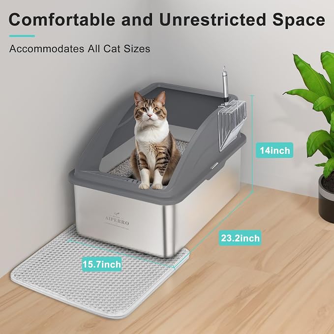 AIPERRO Stainless Steel Litter Box | XXL Deepened 8" Design Metal Cat Box | High Sided with Lid for Big Cats | Anti-Urine Leakage | Non-Stick Bottom & Easy to Clean | Includes Litter Mat & Metal Scoop - Image 3