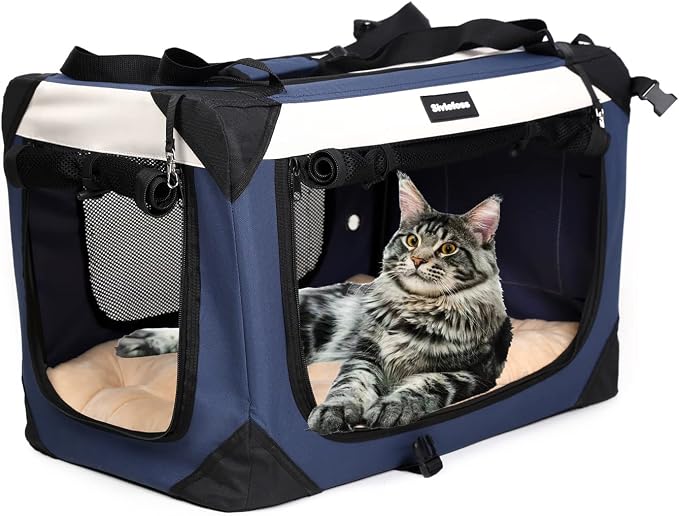 Collapsible Dog Travel Crate,Portable Soft-Sided Pet Carrier Extra Large Cat Carrier with Soft Plush Plush Mat for Indoor and Outdoor,28x20x20in,Navy Blue by Sivlefoss