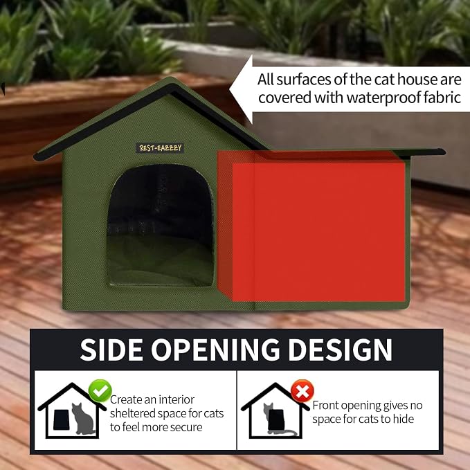 Outdoor Cat House for Feral Cats,Weatherproof & Insulated | Self-warming & waterproof insulated, with mat and canopy, sturdy support, easy assembly, winter shelter for feral cats, green - Image 3