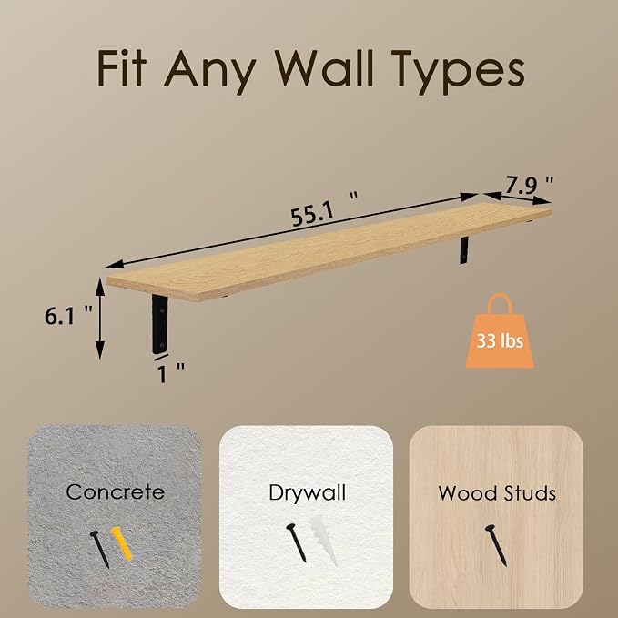 Long Wall Shelves, 55.1Inch Wooden Wall Mounted Shelves, Set of 2 | Large Floating Book Shelves with Metal Bracket, Easy Assembly, Max Load 33lbs, Wall Storage Ledges, Bedroom/Bathroom, Natural - Image 3