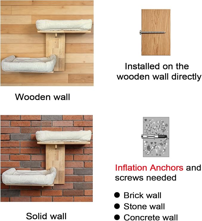 Cat Wall Shelves with Cat Bed 2 in 1 Furniture with Soft Cushion Perch & Pet Cooling Mat 2 Platform Climbing Wall Systems Tree Tower for Indoor Cats Rubber Wood Corner Floating Shelf - Image 7