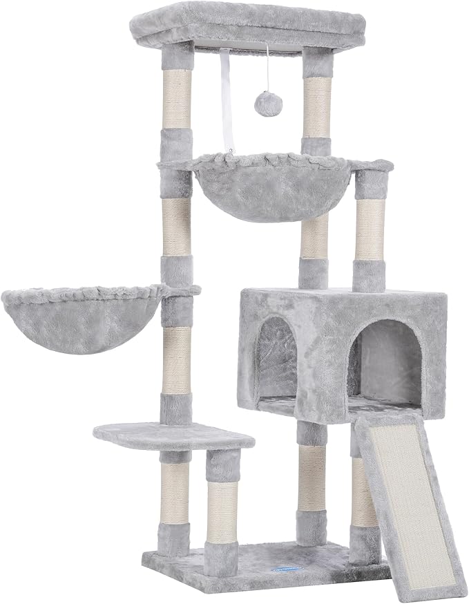Hey-brother Large Cat Tree, Cat Tower for Indoor Cats, Cat House with Padded Bed, Cozy Condo, Hammocks, Sisal Scratching Posts, Big Scratcher, Light Gray MPJ006-MW - Image 9