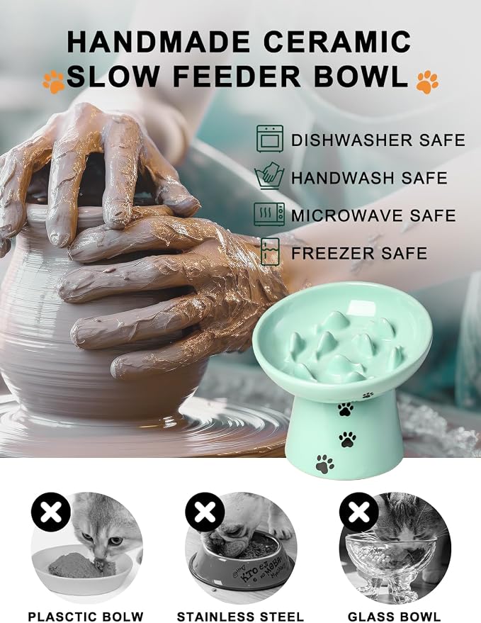 Y YHY Slow Feeder Cat Bowl, Ceramic Cat Slow Feeder Bowl, 6 Inches, Elevated, Anti Vomiting for Dry and Wet Food, Green - Image 6
