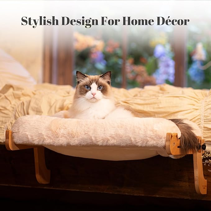 Cat Window Perch with Washable Bolster, Fluffy Cats Hammock Bed for Window, Adjust Wooden Seat for Kitten Bedside Windowsill, Wooden Cats Furniture(Thickened White) - Image 2