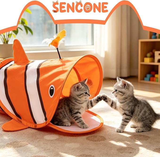 SENCONE Clownfish Cat Tunnel Toy Portable Hideout Nap Tube for Kittens | Play, exploration and hide-and-seek. Foldable for storage and travel. Indoor and occasional travel. - Image 2