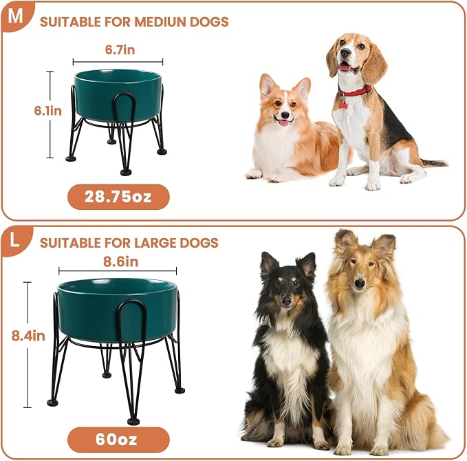 Elevated Dog Bowls, Ceramic Raised Dog Bowl Set with Anti-Slip and Non-Tip Metal Stand, 2 Pack Pet Food and Water Feeding Bowls for Small and Medium Dogs (Green,3.6 Cups) - Image 3