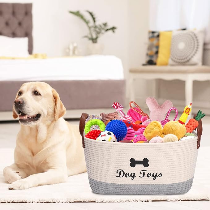 Geyecete X-Large Cotton Rope Dog Basket with Leather handle Blanket Storage Basket Decorative Clothes Hamper Basket | Extra Large Baskets for Blankets or Laundry-Beige/Gray - Image 7