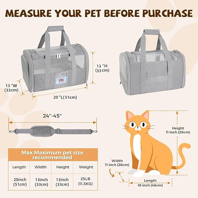 Large Soft Cat Carrier with Detachable Food Bowl,Pet Bag (Up to 28 lbs) | Puppy Kennel with Lockable Zippers for Small Dog, Kitten,Medium Travel Carrying Case for Car Airline Transport,Grey - Image 3