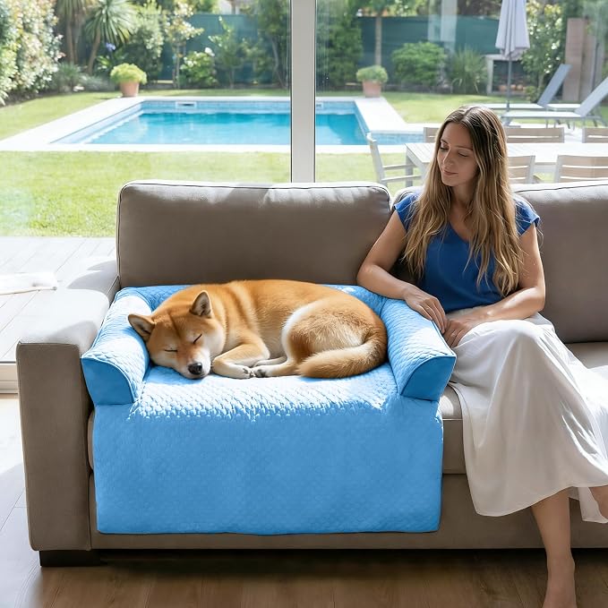 GGIB Cooling Dog Bed Mat with Bolster Pillow Washable Dog Couch Cover Breathable Summer Pet Couch Bed Protector Indoor(Medium, Cooling Blue) - Image 2