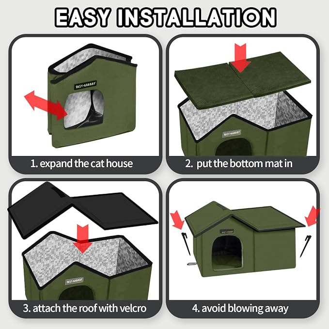 Outdoor Cat House for Feral Cats,Weatherproof & Insulated | Self-warming & waterproof insulated, with mat and canopy, sturdy support, easy assembly, winter shelter for feral cats, green - Image 7