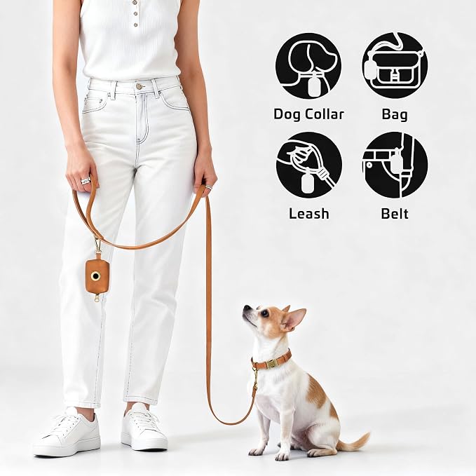 Didog Dog Poop Bag Holder for Leash, Stylish PU Leather, Light Brown | Easy Clean for Daily Walking, Quick to Install on Leash & Harness, Easy-Pull with Metal Clip, Includes 1 Roll Pet Waste Bag - Image 3